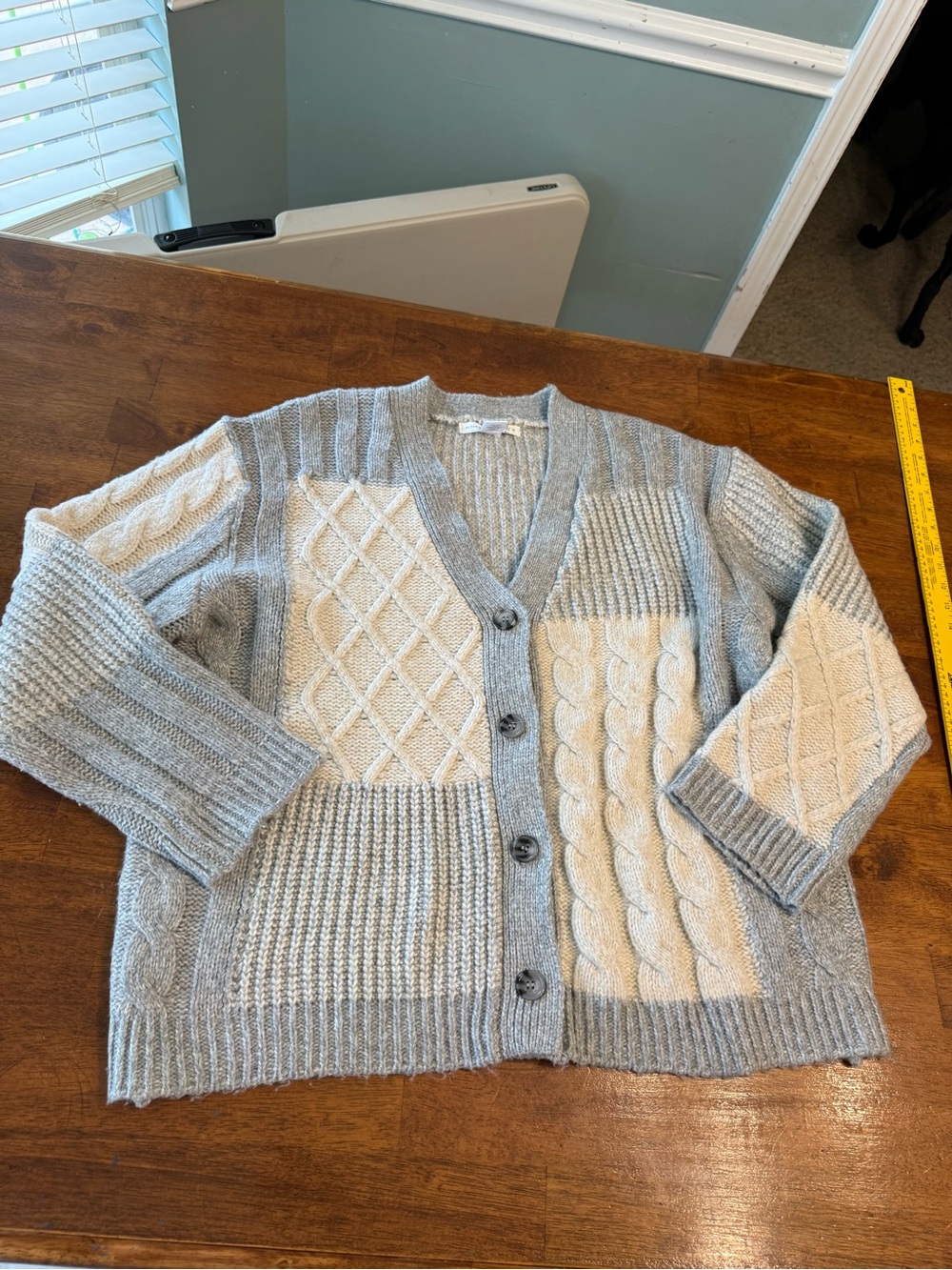 NWT Altar'd State Patchwork Cable Knit Cardigan Sweater Gray Cream Oversized Med